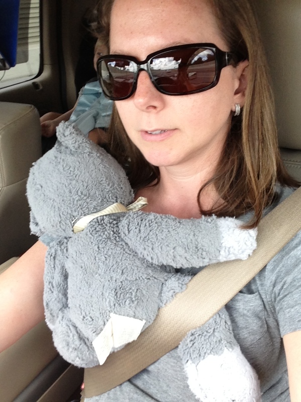 When your son asks you to hug his bear and you're driving, this is how you do it.